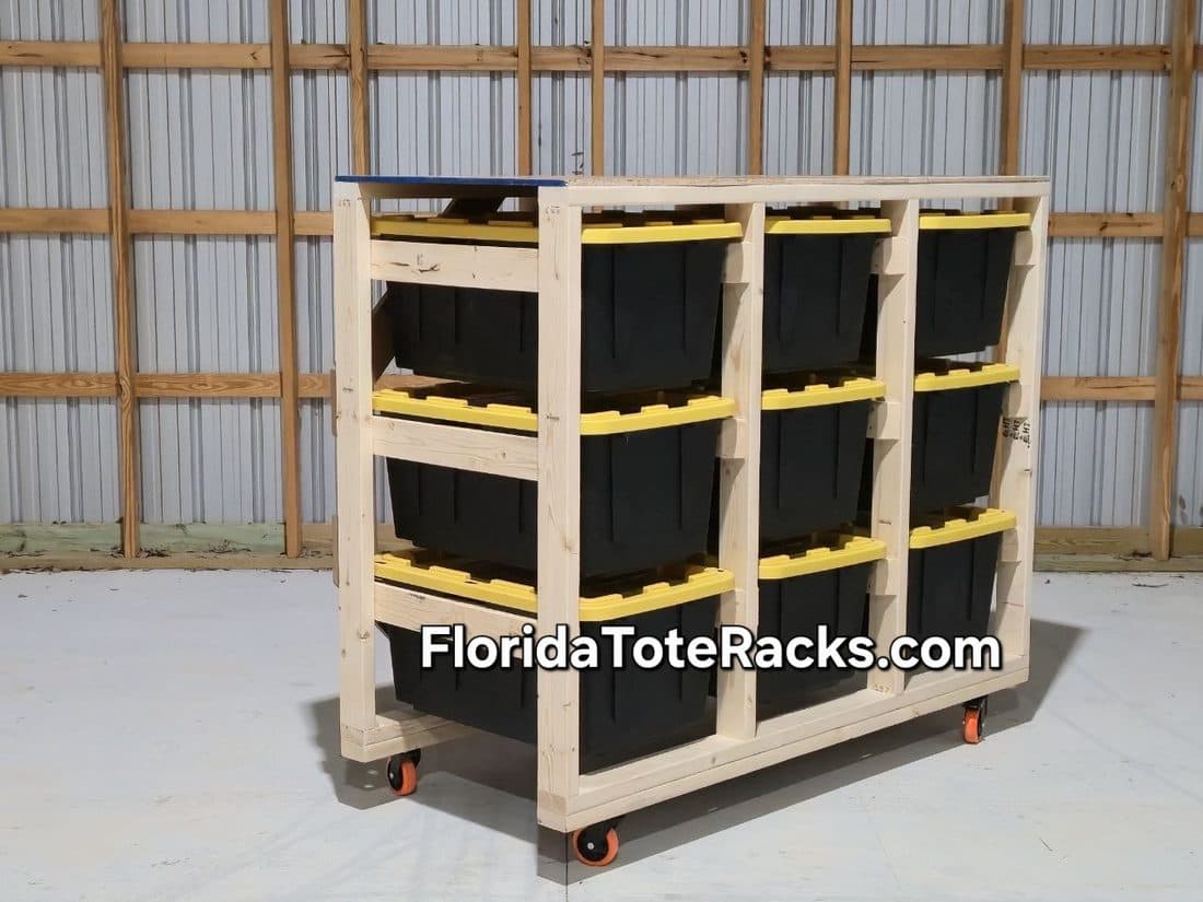 Florida Tote Racks storage rack loaded with black and yellow totes
